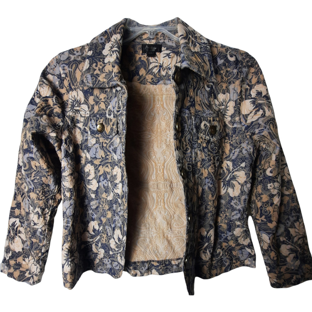 Analogy Embroidered Tan and Blue Button Front Blazer Jacket PL - Picture 3 of 7
